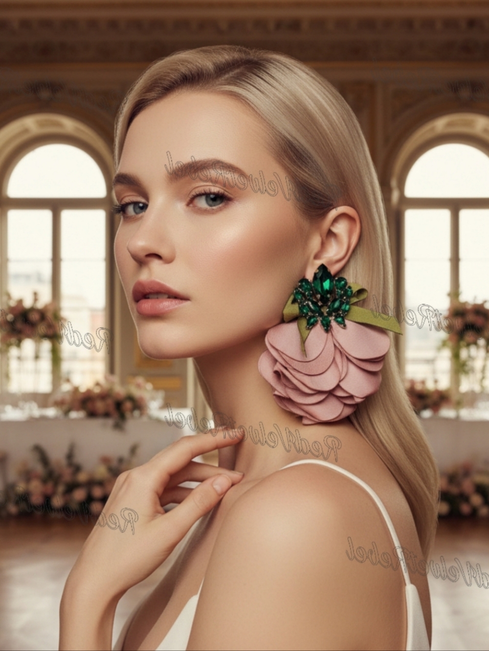NWT Romantic Emerald Crystal Blush Bow Oversized Rose Petal Earrings